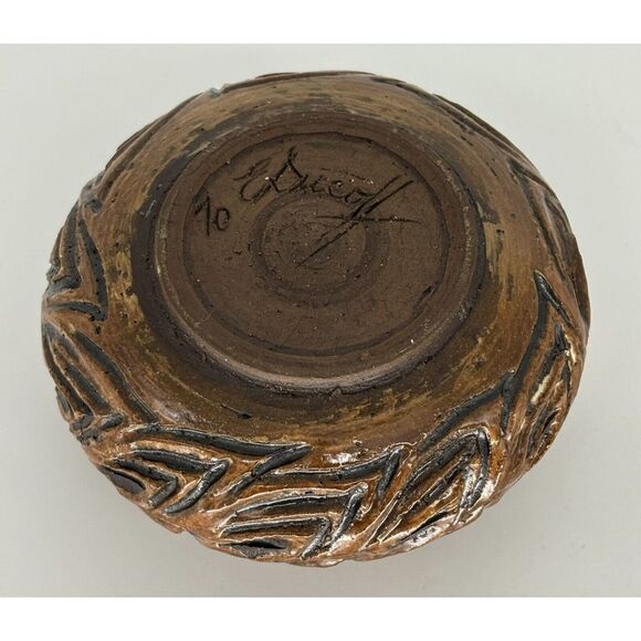 Vintage Stoneware Art Pottery Bowl Tan Brown Swirl Abstract Glazed Signed - Picture 6 of 9